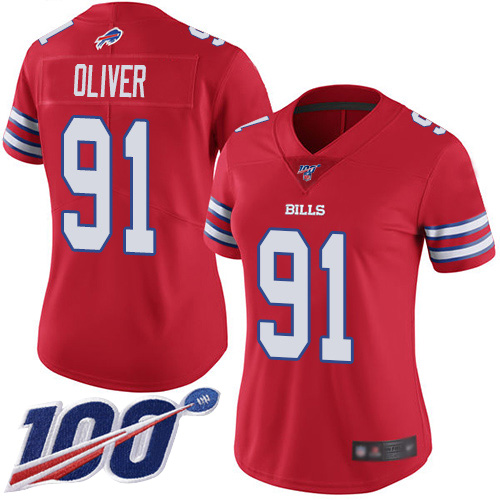 Buffalo Bills #91 Ed Oliver Red Women's Stitched Limited Rush 100th Season Jersey Womens