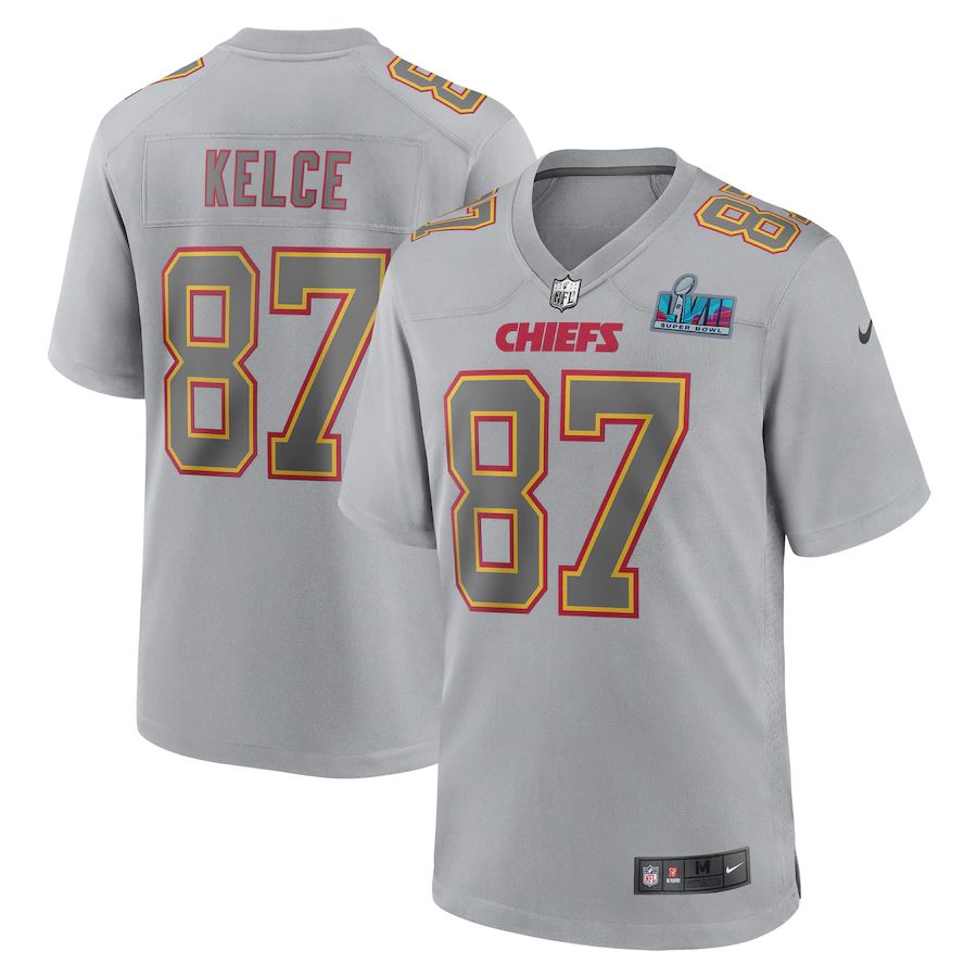 Chiefs #87 Travis Kelce Men's Super Bowl LVII Patch Atmosphere Fashion Game Jersey - Gray