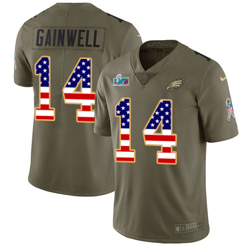 Eagles #14 Kenneth Gainwell Olive/USA Flag Super Bowl LVII Patch Youth Stitched Limited 2017 Salute To Service Jersey
