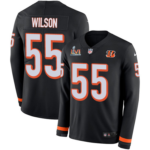 Cincinnati Bengals #55 Logan Wilson Black Team Color Super Bowl LVI Patch Youth Stitched Limited Therma Long Sleeve Jersey Youth