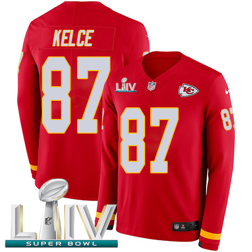 Chiefs #87 Travis Kelce Red Super Bowl LIV 2020 Team Color Men's Stitched Limited Therma Long Sleeve Jersey