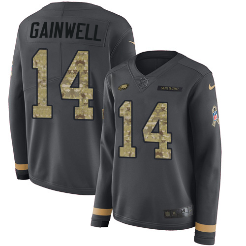 Eagles #14 Kenneth Gainwell Anthracite Salute To Service Women's Stitched Limited Therma Long Sleeve Jersey
