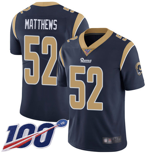 Los Angeles Rams #52 Clay Matthews Navy Blue Team Color Youth Stitched 100th Season Vapor Limited Jersey Youth
