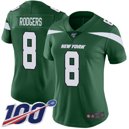 Jets #8 Aaron Rodgers Green Team Color Women's Stitched 100th Season Vapor Untouchable Limited Jersey