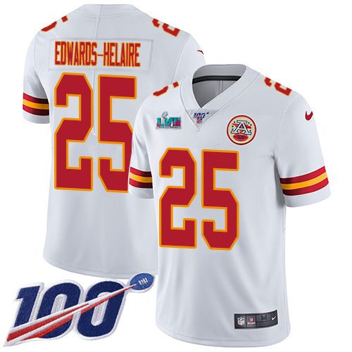 Chiefs #25 Clyde Edwards-Helaire White Super Bowl LVII Patch Men's Stitched 100th Season Vapor Limited Jersey