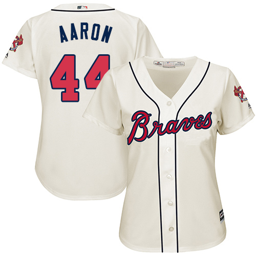 Atlanta Braves #44 Hank Aaron Cream Alternate Women's Stitched Jersey Womens
