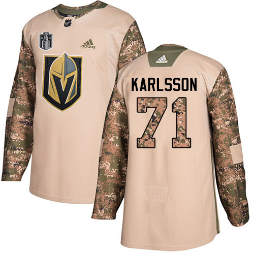 Adidas Golden Knights #71 William Karlsson Camo Authentic Youth 2023 Stanley Cup Final Patch Veterans Day Stitched Jersey