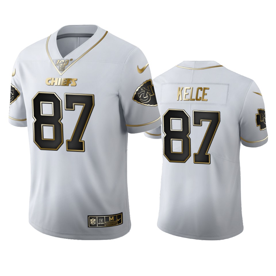 Kansas City Chiefs #87 Travis Kelce Men's White Golden Edition Vapor Limited 100 Jersey
