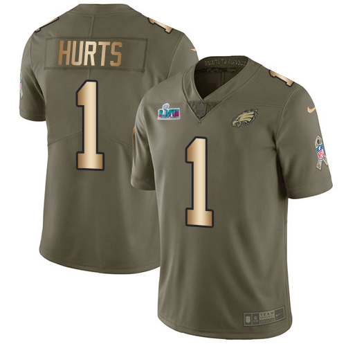 Eagles #1 Jalen Hurts Olive/Gold Super Bowl LVII Patch Men's Stitched Limited 2017 Salute To Service Jersey