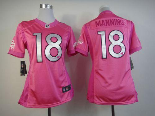 Broncos #18 Peyton Manning Pink Women's Be Luv'd Stitched Elite Jersey
