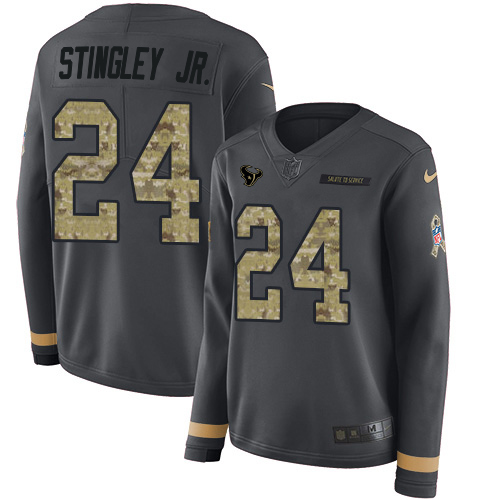 Texans #24 Derek Stingley Jr. Anthracite Salute To Service Women's Stitched Limited Therma Long Sleeve Jersey