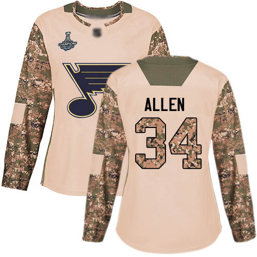 Adidas St. Louis Blues #34 Jake Allen Camo Authentic 2017 Veterans Day Stanley Cup Champions Women's Stitched Jersey Womens