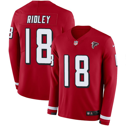 Falcons #18 Calvin Ridley Red Team Color Men's Stitched Limited Therma Long Sleeve Jersey