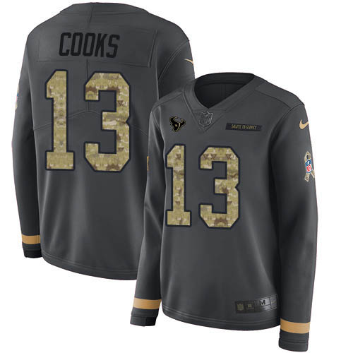 Texans #13 Brandin Cooks Anthracite Salute To Service Women's Stitched Limited Therma Long Sleeve Jersey