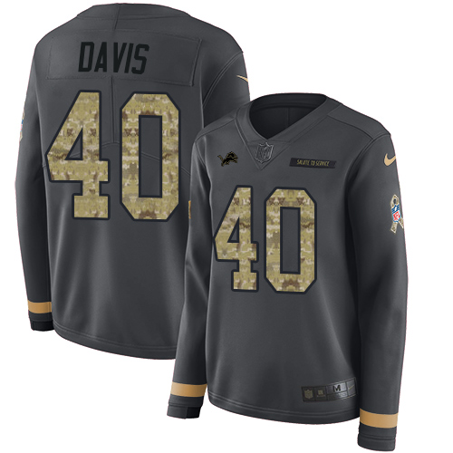 Detroit Lions #40 Jarrad Davis Anthracite Salute to Service Women's Stitched Limited Therma Long Sleeve Jersey Womens