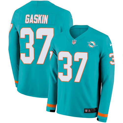 Miami Dolphins #37 Myles Gaskin Aqua Green Team Color Men's Stitched Limited Therma Long Sleeve Jersey Men's