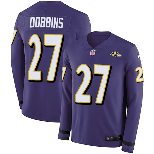 Baltimore Ravens #27 J.K. Dobbins Purple Team Color Men's Stitched Limited Therma Long Sleeve Jersey Men's