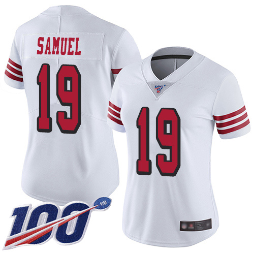 49ers #19 Deebo Samuel White Rush Women's Stitched Limited 100th Season Jersey