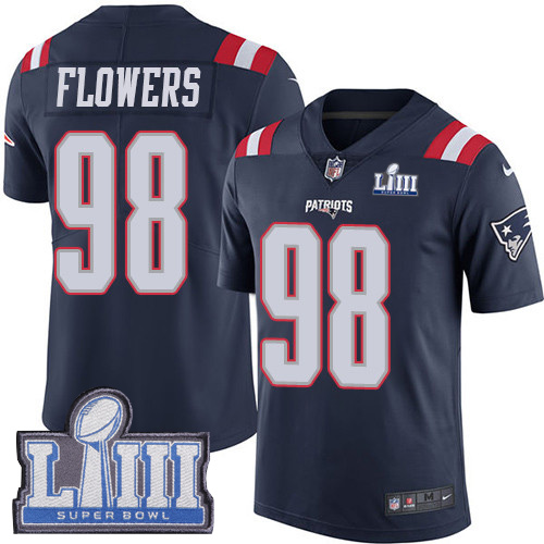 New England Patriots #98 Trey Flowers Navy Blue Super Bowl LIII Bound Men's Stitched Limited Rush Jersey Men's