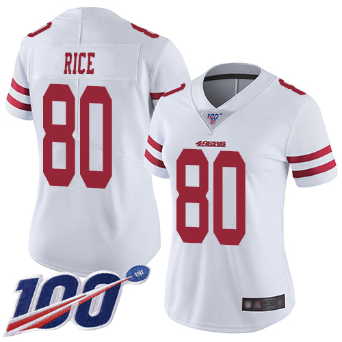 49ers #80 Jerry Rice White Women's Stitched 100th Season Vapor Limited Jersey