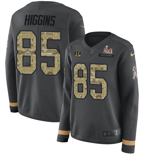 Bengals #85 Tee Higgins Anthracite Super Bowl LVI Patch Salute To Service Women's Stitched Limited Therma Long Sleeve Jersey