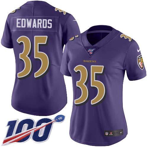 Baltimore Ravens #35 Gus Edwards Purple Women's Stitched Limited Rush 100th Season Jersey Womens