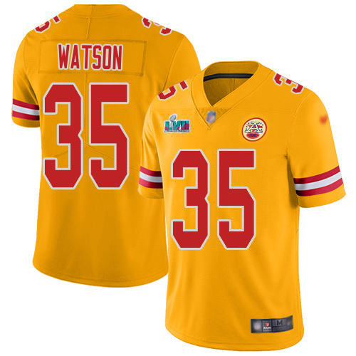 Chiefs #35 Jaylen Watson Gold Super Bowl LVII Patch Men's Stitched Limited Inverted Legend Jersey