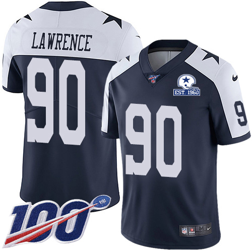 Cowboys #90 DeMarcus Lawrence Navy Blue Thanksgiving Men's Stitched With Established In 1960 Patch 100th Season Vapor Untouchable Limited Throwbac
