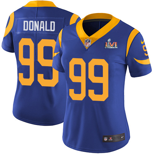 Rams #99 Aaron Donald Royal Blue Alternate Super Bowl LVI Patch Women's Stitched Vapor Untouchable Limited Jersey