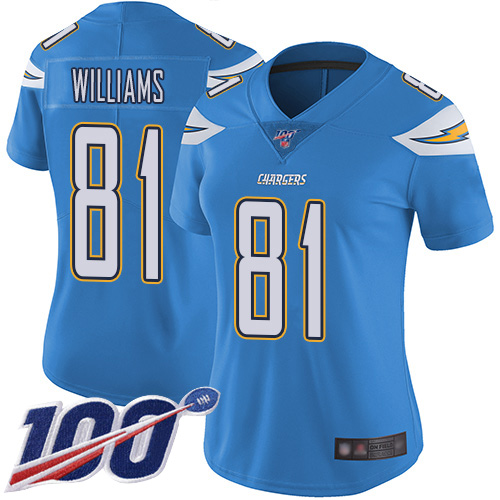 Los Angeles Chargers #81 Mike Williams Electric Blue Alternate Women's Stitched 100th Season Vapor Limited Jersey Womens