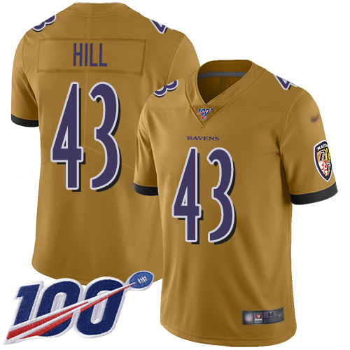 Baltimore Ravens #43 Justice Hill Gold Youth Stitched Limited Inverted Legend 100th Season Jersey Youth