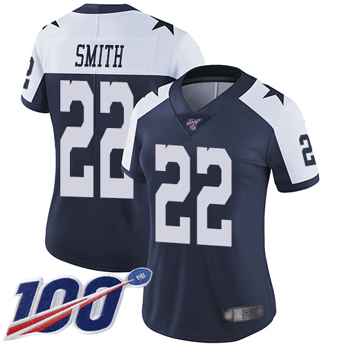 Cowboys #22 Emmitt Smith Navy Blue Thanksgiving Women's Stitched 100th Season Vapor Throwback Limited Jersey