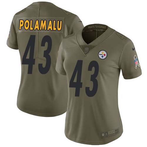 Steelers #43 Troy Polamalu Olive Women's Stitched Limited 2017 Salute To Service Jersey
