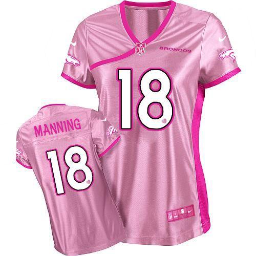 Broncos #18 Peyton Manning Pink Women's Be Luv'd Stitched Elite Jersey