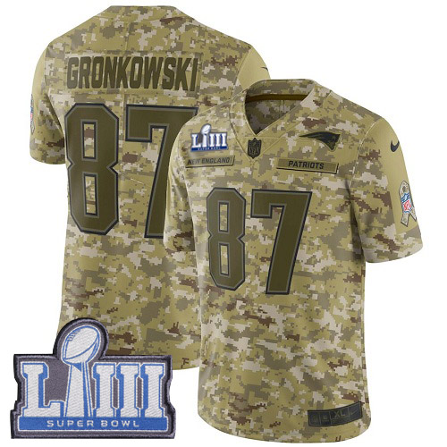 New England Patriots #87 Rob Gronkowski Camo Super Bowl LIII Bound Youth Stitched Limited 2018 Salute to Service Jersey Youth
