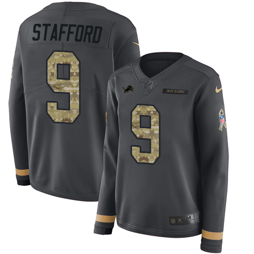 Detroit Lions #9 Matthew Stafford Anthracite Salute to Service Women's Stitched Limited Therma Long Sleeve Jersey Womens