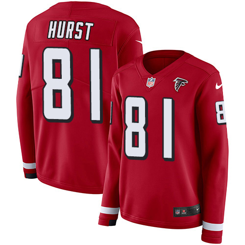 Atlanta Falcons #81 Hayden Hurst Red Team Color Women's Stitched Limited Therma Long Sleeve Jersey Womens