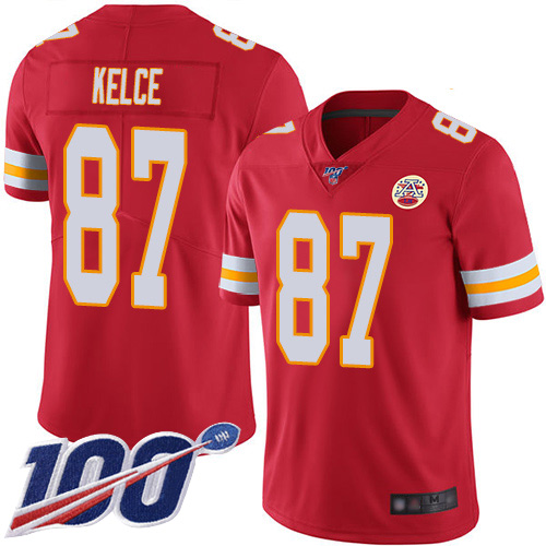 Chiefs #87 Travis Kelce Red Team Color Men's Stitched 100th Season Vapor Limited Jersey