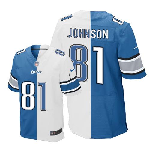 Detroit Lions #81 Calvin Johnson Blue/White Men's Stitched Elite Split Jersey Men's