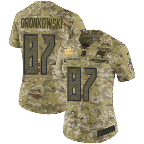 Buccaneers #87 Rob Gronkowski Camo Women's Super Bowl LV Champions Patch Stitched Limited 2018 Salute To Service Jersey