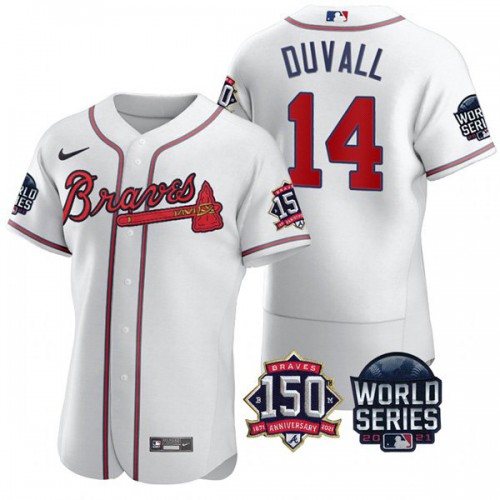 Atlanta Atlanta Braves #14 Adam Duvall Men's 150th Anniversary 2021 World Series Authentic Jersey - White Men's