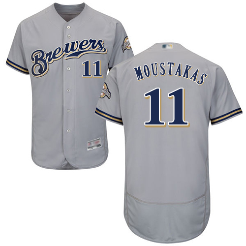 Milwaukee Brewers #11 Mike Moustakas Grey Flexbase Authentic Collection Stitched Jersey Men's