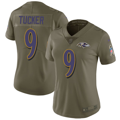 Ravens #9 Justin Tucker Olive Women's Stitched Limited 2017 Salute To Service Jersey