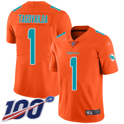 Dolphins #1 Tua Tagovailoa Orange Youth Stitched Limited Inverted Legend 100th Season Jersey