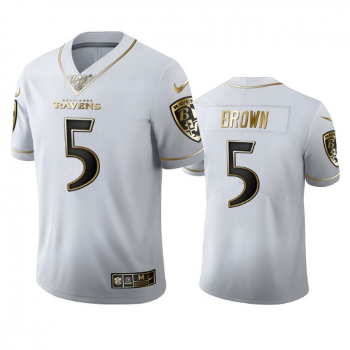 Baltimore Baltimore Ravens #5 Marquise Brown Men's White Golden Edition Vapor Limited 100 Jersey Men's