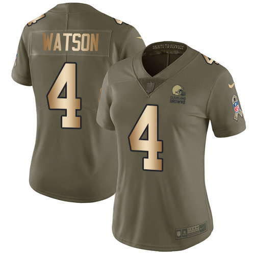 Browns #4 Deshaun Watson Olive/Gold Women's Stitched Limited 2017 Salute To Service Jersey