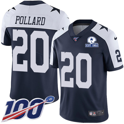 Cowboys #20 Tony Pollard Navy Blue Thanksgiving Men's Stitched With Established In 1960 Patch 100th Season Vapor Untouchable Limited Throwback Jer