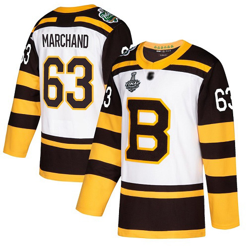 Adidas Boston Bruins #63 Brad Marchand White Authentic 2019 Winter Classic Stanley Cup Final Bound Stitched Jersey Men's