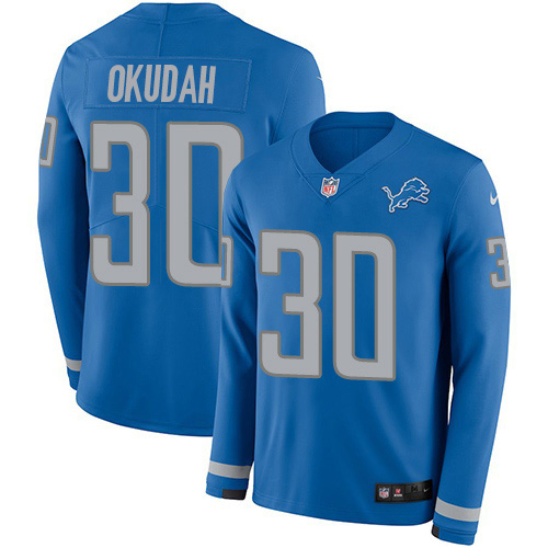 Detroit Lions #30 Jeff Okudah Blue Team Color Men's Stitched Limited Therma Long Sleeve Jersey Men's