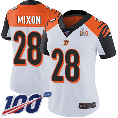 Bengals #28 Joe Mixon White Super Bowl LVI Patch Women's Stitched 100th Season Vapor Untouchable Limited Jersey
